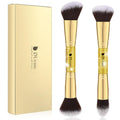 2Pcs Duo End Makeup Brushes, Synthetic Bristle Foundation Powder Buffer & Contour Brush Set, Dual Sided Face Brushes for Blending Concealer Bronzer Highlighter