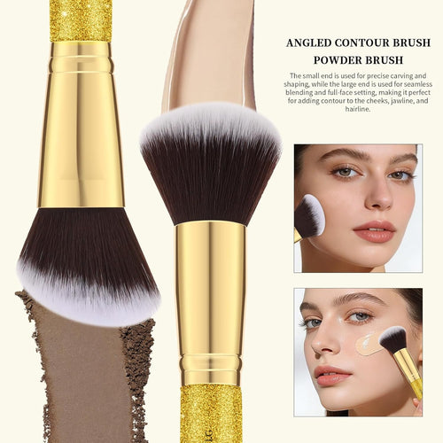 2Pcs Duo End Makeup Brushes, Synthetic Bristle Foundation Powder Buffer & Contour Brush Set, Dual Sided Face Brushes for Blending Concealer Bronzer Highlighter